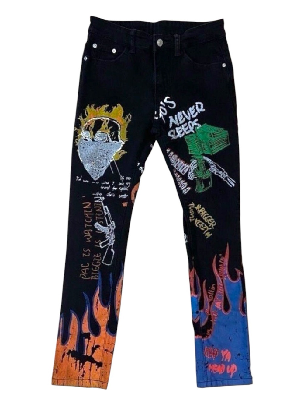 90s Hip Hop Inspired Graffiti Flame Graphic Black Denim Statement Jeans Size 30
